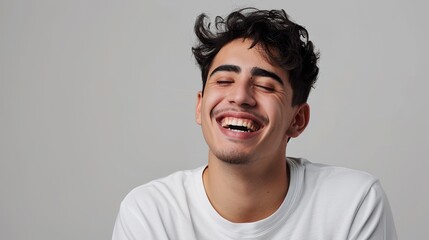 Obraz premium Capture a young Brazilian man in casual fashion, posed against a neutral gray background, laughing with a relaxed expression