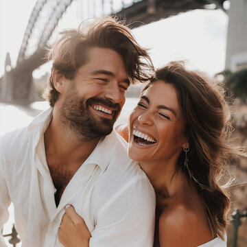 Szczęśliwa uśmiechnięta para na tle mostu