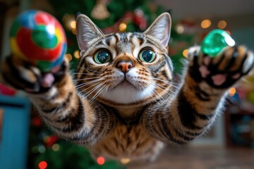 31071957 11 11. A detailed shot of a Bengal cat jumping in mid-air to catch a toy, with a festive backdrop celebrating cats