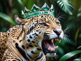 king of the amazon jungle wearing an emerald crown