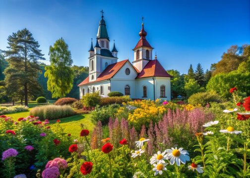 Serene summer scene of the historic Three Saints Church in Sovetsk, Kaliningrad region, surrounded by lush greenery and vibrant flowers, with clear blue sky above.