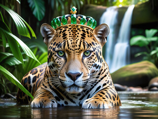 A jaguar wearing a green emerald crown in a small creek