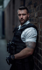 Przystojny policjant oparty o mur