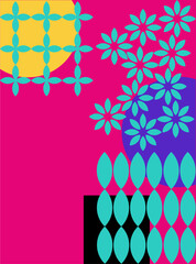 Brutalist poster on pink background with yellow, purple, and turquoise geometric shapes - squares, triangles, circles - abstract modern art, vibrant minimalist vector design for contemporary decor