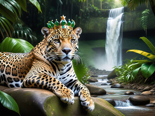 Beautiful Jaguar in front of a waterfall in the Amazon jungle