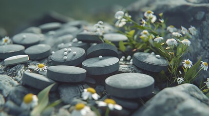 Grey tablets in closeup on a backdrop of nature capturing the spirit of the natural world