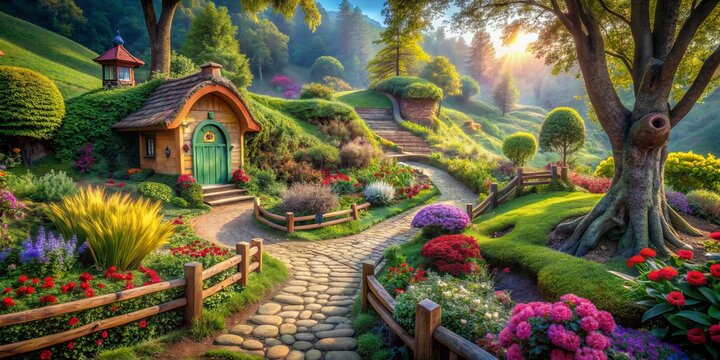 Colorful entrance to a whimsical valley, surrounded by lush greenery, featuring a miniature wooden cottage and winding paths, evoking a sense of wonder and magic.