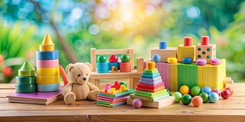 Obraz premium Colorful toys and learning materials scattered on a wooden table against a soft pastel background, depicting a playful and nurturing environment for child development.