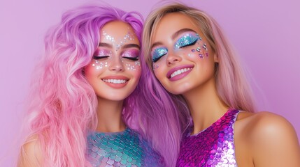 Obraz premium two young women in a mermaid costume with purple and pink hair, bedazzled makeup, fish scale tops for Halloween