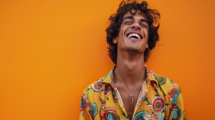 Obraz premium Create a realistic image of a young Brazilian man with a playful nature, standing against a bright orange backdrop, laughing with a sense of fun 