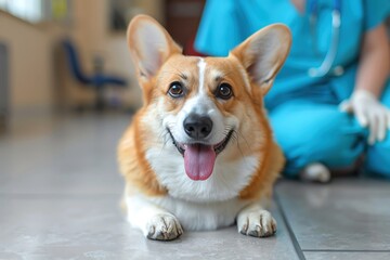 Happy corgi dog lying on the floor in a veterinary clinic with a smiling face and attentive gaze.