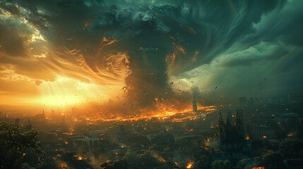 Obraz premium Dramatic scene of a fiery tornado destroying everything in its path