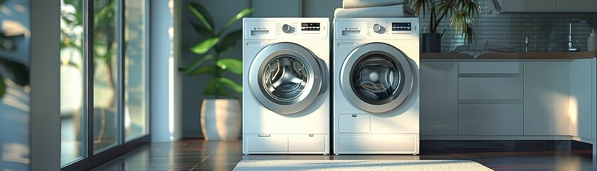 A white washing machine is sitting on a tile floor next to a potted plant