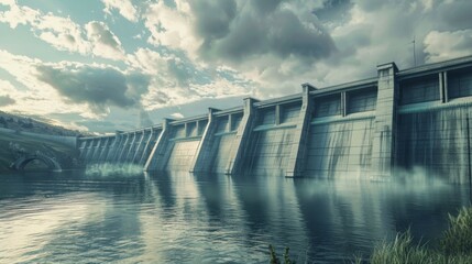 River or lake water dam wall architecture, industry reservoir renewable and sustainable energy technology