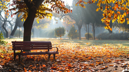 Peaceful Park Bench: A tranquil park scene with a bench under a tree, surrounded by fallen autumn leaves and soft sunlight. With copy space