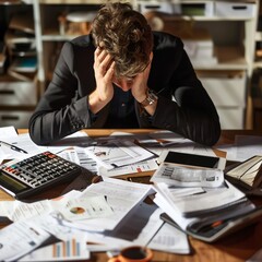 Overwhelmed businessman with head in hands surrounded by paperwork, calculator, and documents at messy desk in office.