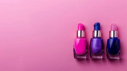 Three Colorful Nail Polish Bottles on a Pink Background