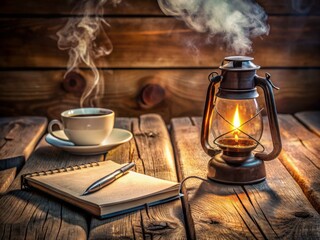 Rustic wooden table adorned with a vintage lantern, a steaming cup of coffee, and an open notebook with a pen waiting to be used.