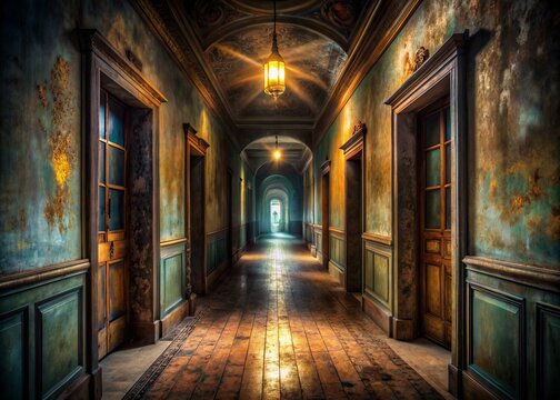 Foreboding darkness pervades a dimly lit hallway, as oil painting techniques amplify eerie shadows, illuminating faint ghostly details in a haunting, abandoned mansion's corridor.