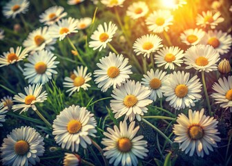 Obraz premium Softly faded, nostalgic image of white and yellow chamomile flowers scattered on lush green grass, viewed from directly above, evoking a vintage spring feel.