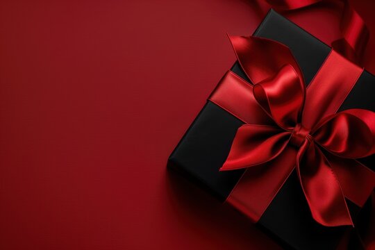 Luxurious Black Gift Box with Red Satin Ribbon on Red Background
