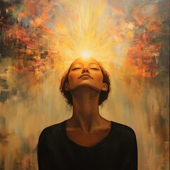 A woman with her eyes closed, embracing enlightenment and inner peace as light radiates from her forehead in an abstract painting.