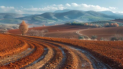 Naklejka premium Rural Landscape with Plowed Fields and Winding Road.