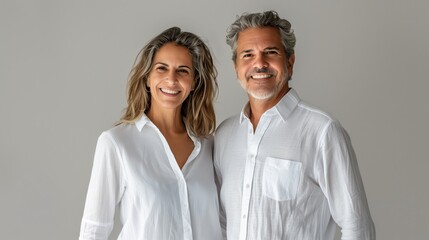Smiling Middle-Aged Couple Holding Hands in White Shirts Against Neutral Background