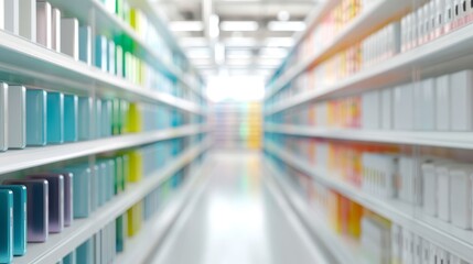 A very long aisle of a store with many shelves of products