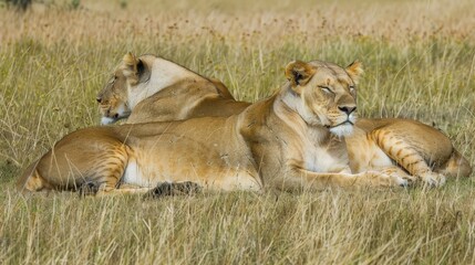 Fototapeta premium Lionesses Resting in the Savanna