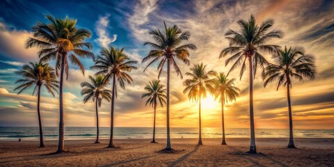 Obraz premium Warm, faded, and worn summer beach landscape with six palms standing tall on a serene late afternoon, before sunset, evoking a nostalgic vintage feel.