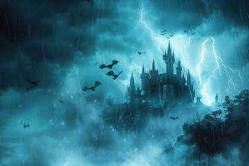 A dark, ominous castle with bats flying around, set against a stormy night sky with lightning