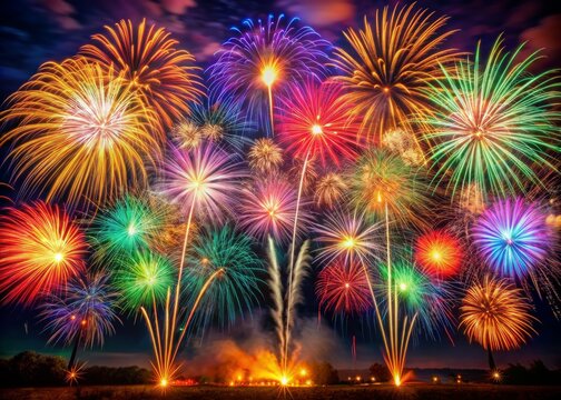 Vibrant colorful fireworks exploding against a dark night sky, creating a mesmerizing display of light and color, evoking feelings of joy and excitement.