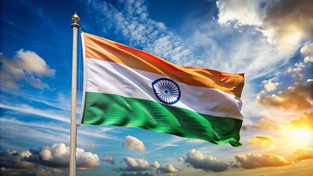 Vibrant Indian national flag waving proudly in the wind, showcasing saffron, white, and green tricolor hues against a clear blue sky with fluffy white clouds.