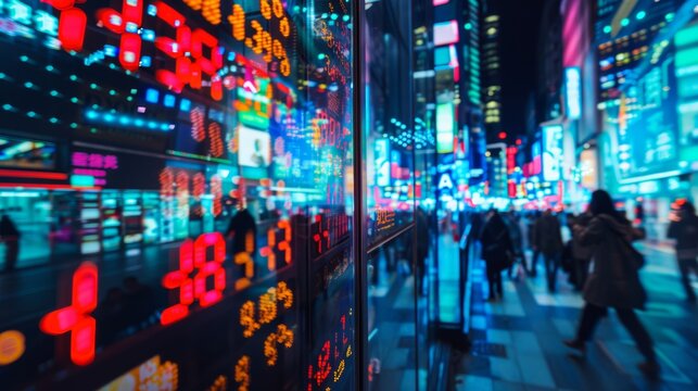 Dynamic Night City Street in Tokyo with Stock Market Displays and Neon Lights for Print and Digital Design - Powered by Adobe