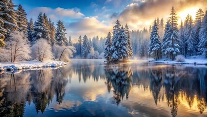 Fototapeta premium Serene winter landscape of a snowy forest with tall trees, frozen lake, and misty atmosphere, capturing the stillness and magic of winter wonderland.