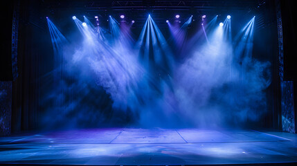 Empty stage with blue spotlights and smoke.
