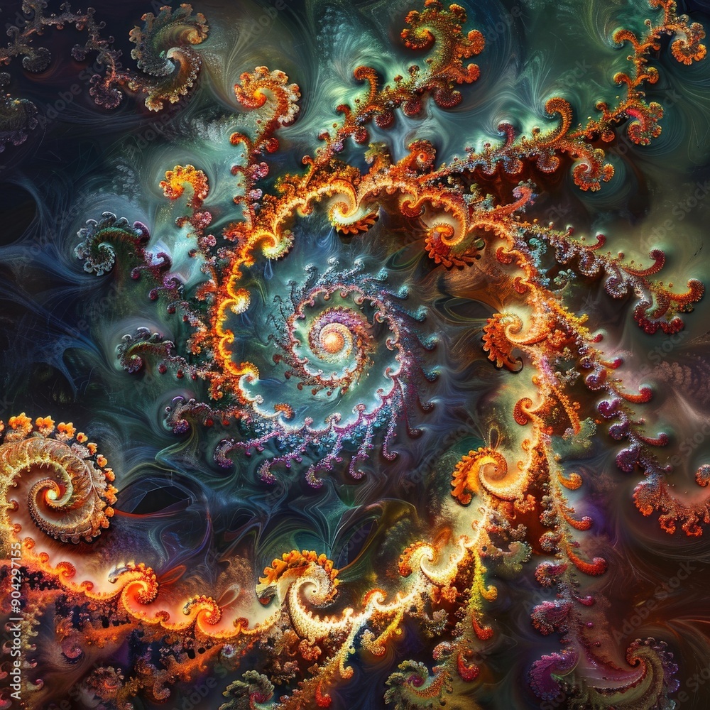 Poster a mesmerizing abstract design features vibrant swirling fractals, creating a dynamic representation 