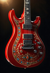 Ornate Red Electric Guitar on Dark Background