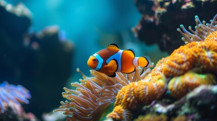 Sea or ocean underwater landscape with orange anemonefish clownfish, rocks on the bottom and colorful corals. Aquatic marine