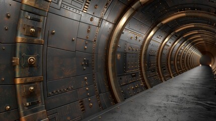 Fototapeta premium A long, metallic tunnel with intricate details and a dark, mysterious atmosphere