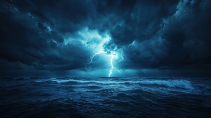 Naklejka premium A dramatic lightning strike illuminates a dark stormy sea under ominous clouds, creating a powerful and captivating natural scene.