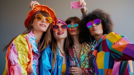 Obraz premium four friends capturing a vibrant party selfie, against a neutral gray background that emphasizes their colorful outfits and lively expressions.