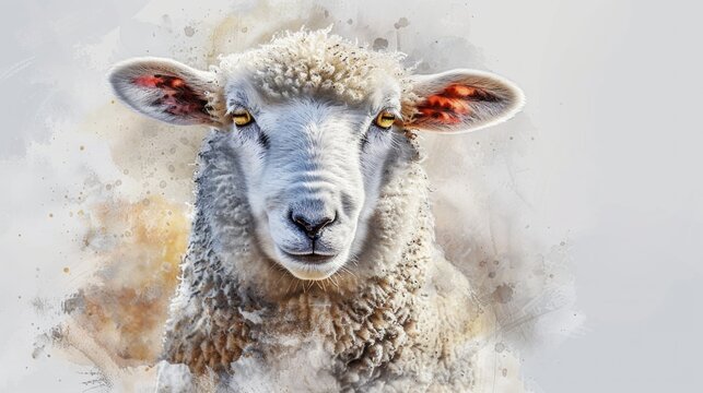 A fluffy sheep in detailed watercolor, showcasing its facial features and wool. The white background enhances its elegance.