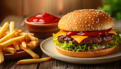Closeup of a cheeseburger, french fries and ketchup.