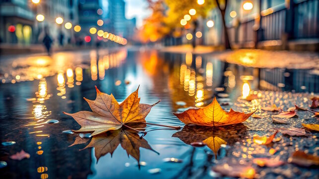 autumn maple leaves in a puddle