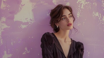 Fototapeta premium Illustrate a beautiful woman in a fashionable black dress, set against a soft lavender wall, creating a serene and stylish portrait