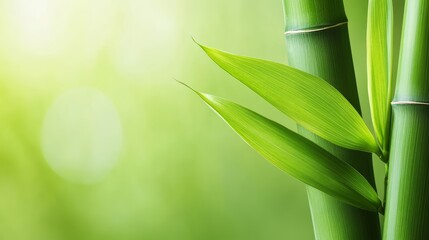Detailed close-up of bamboo shoots with vibrant green leaves and intricate textures, set against a blurred natural background to emphasize the bamboos elegance, high-resolution photo, realistic photo