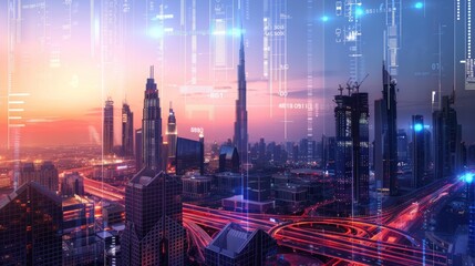 International City Skyline at Dusk with Digital Overlays of Stock Market Data and Indices