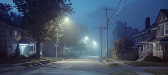 Fototapeta premium Peaceful Residential Street at Night with Surveillance Cameras on Homes and Streetlights